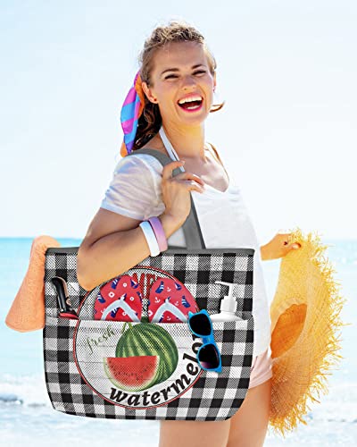 Farmhouse Watermelon Summer Beach Tote Bag for Women, Black Buffalo Plaid Mesh Beach Bags Waterproof Sandproof, Outdoor Picnic Swim Pool Handbag - Large Beach Bag with Zipper and Pockets2