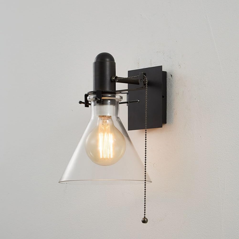 Retro Wandlampe mit Zugschalter Glas Schirm Innen Wandleuchte Schalter Schwarz Metall Vintage Industrie Wand Leselampe E27 Fassung Rustikal für Wohnzimmer Korridor Schlafzimmer