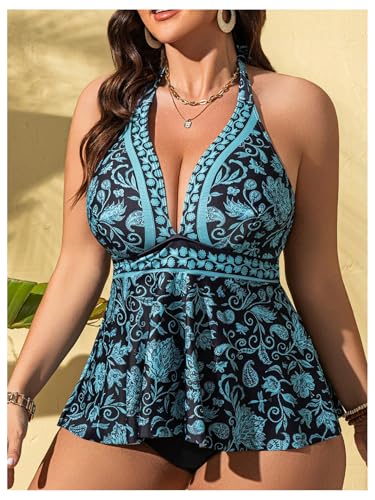 MakeMeChic Women's Plus Size Floral Tankini Sets 2 Piece High Waist Halter Boho Tankini Swimsuits4