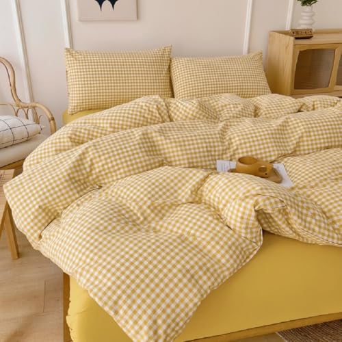Image of LifeTB Yellow Gingham Comforter King Comforter Set Geometric Checkered Plaid Bedding Comforter with 2 Pillowcases Fluffy Soft Lightweight Bedding Boho Grid Plaid Comforter Set King for All Seasons