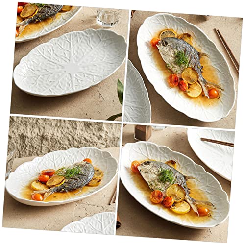 Assiette ovale en céramique poisson motif chou en relief - 7