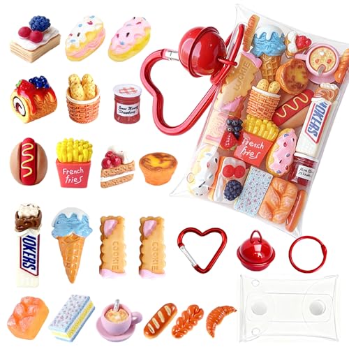 BQLYblink Set de 20 Comidas y Bebidas en Miniatura, Miniaturas de Comida Juguete para Casa de Muñecas 1/12, Accesorios de Cocina Miniatura en Resina, con Bolsa de PVC Transparente, Llavero y Campanita