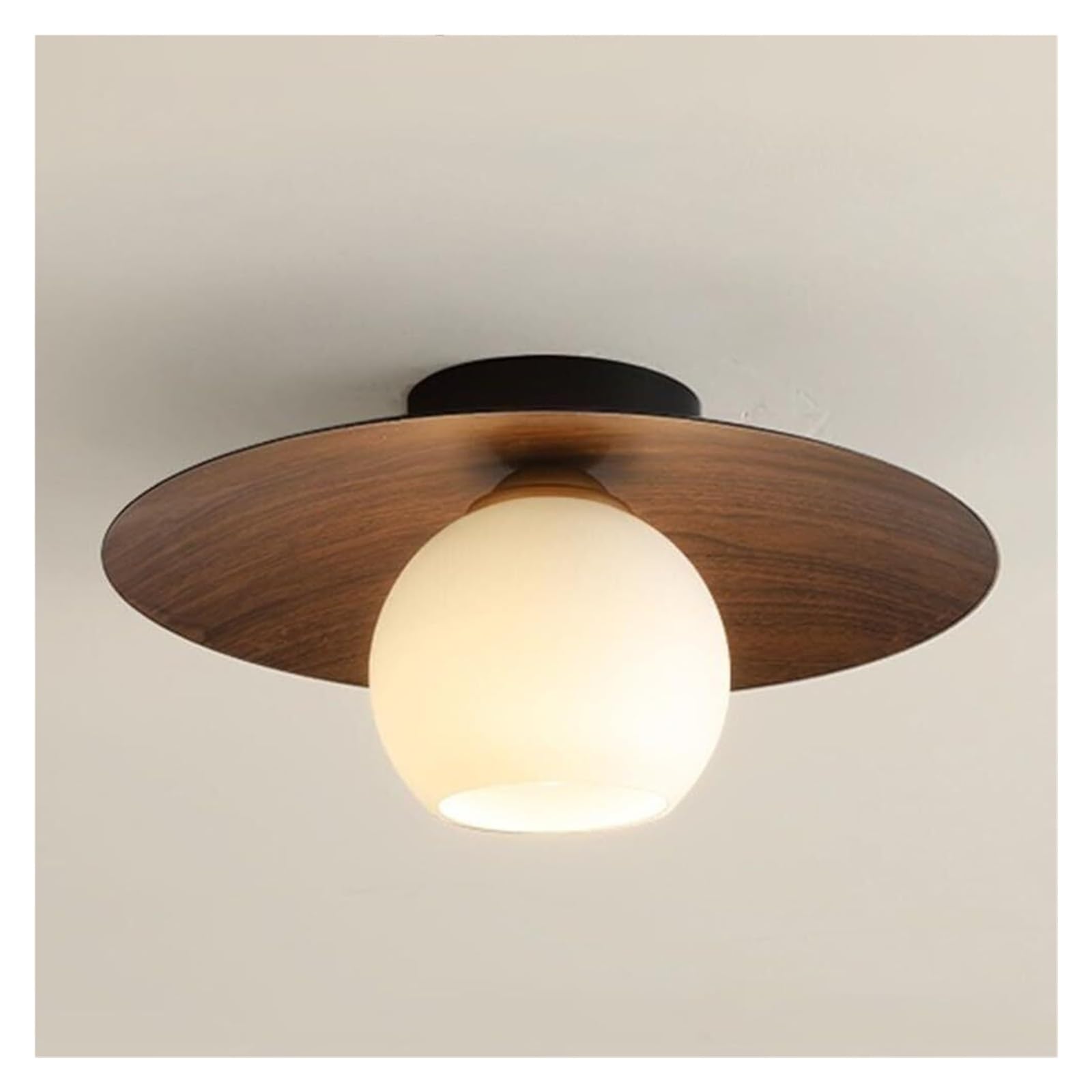 KHUKHU Minimalist Modern White Globe Glass Ceiling Light Round Walnut Grain Semi Flush Mount Ceiling Lamp Fixture Wood Grain Nordic Retro Hallway Close for Entryway Porch Balcony(Walnut)