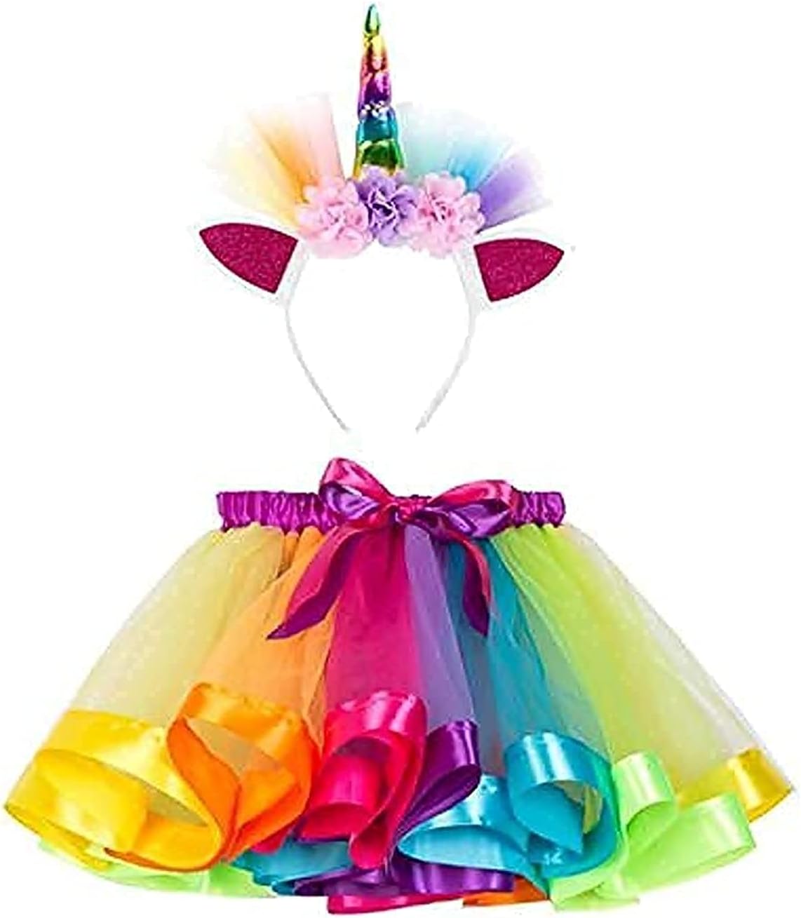 AM ANNA Little Girls Layered Rainbow Tutu Skirts with Unicorn Horn Headband Multicolor