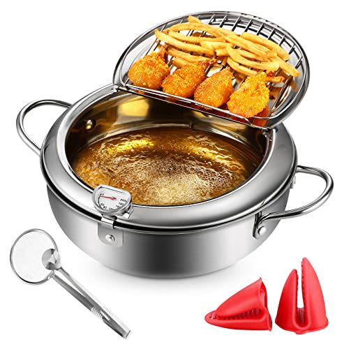 Deep Fryer Pot,Japanese Style 3.2L Deep Frying Pot 304 Stainless Steel Oil Fryer 9.7inch with Thermometer Fryer Pan with Oil Drip Rack Lid Strainer Clip and Gloves For Kitchen Cooking