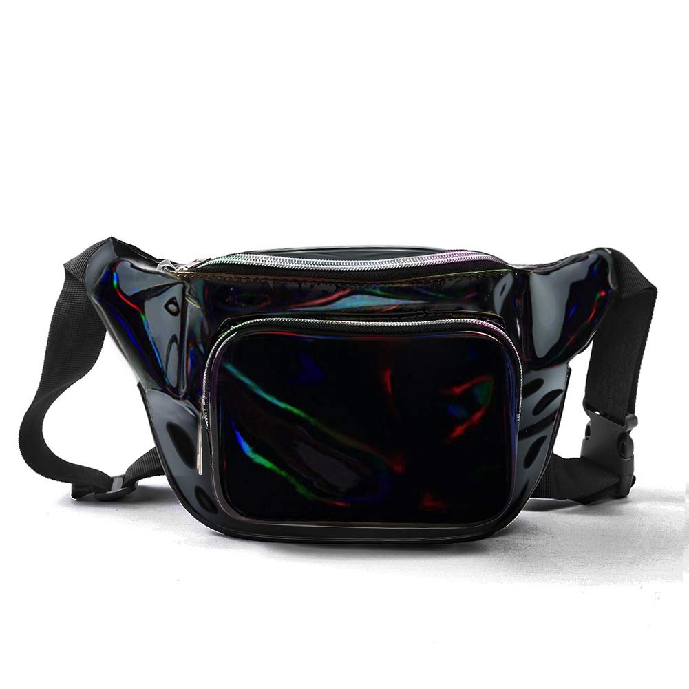 JIGSEAME Holographic Fanny Pack Waterproof Waist Bag for Women-Fashion Waist Bag for Travel,Cycling,Festival and Leisure (Black)