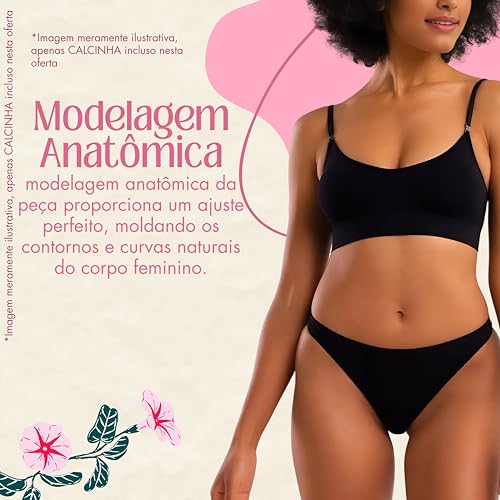 She by Mash Calcinha Fio Dental Sem Costura Cintura Baixa Forro Algodão Ajuste Anatômico, Preto, G