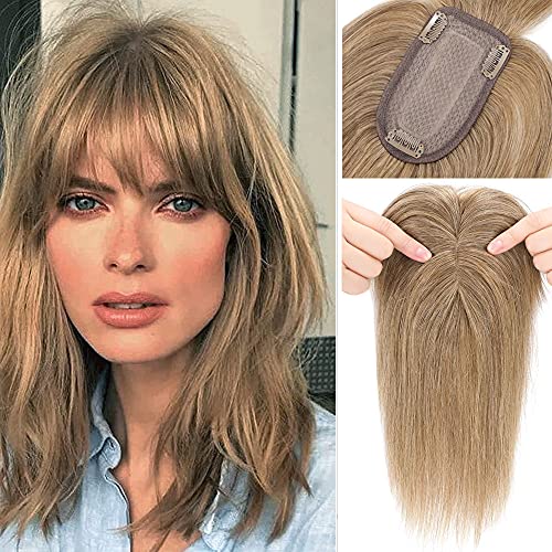 Rich Choices 120% Density Silk Base Top Hairpiece 100% Human Hair Clip In On Hair Topper With Bangs Hand-made Top Hair Piece Middle Part With Thinning Hair #27 Dark Blonde 6'' 27g