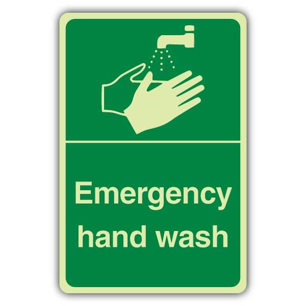 V Safety Photoluminescent Emergency Hand Wash Safety Sign - 150 x 225 mm - 1.2mm Rigid Plastic - Double Glow
