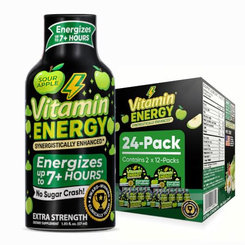 Image of Vitamin Energy Sour Apple Extra Strength Energy Shot, 24 Pack - Up to 7 Hrs, 260mg Natural Caffeine, Zero Sugar - Beta-Alanine + Electrolytes, Workout Support, B12 B6 Niacin, 1.93 fl oz, Keto Vegan
