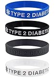 Max Petals Type 2 Diabetic Medical Alert ID Silicone Bracelet Wristbands 4 Pack (Adult - 8 inches)