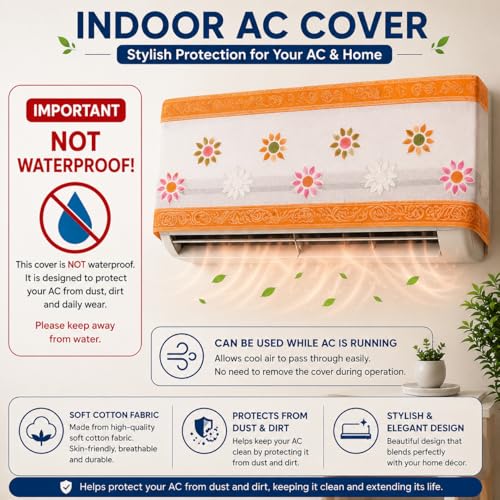 Image of Cotton Net Split AC Cover Indoor Unit for 1.5 Ton Capacity AC, Premium Work Indoor AC Dust Protection Cover Designer Summer Ac Cover for 1.5 Ton Ac (38 X 15.35 X 7.8 inch, Orange Flower)