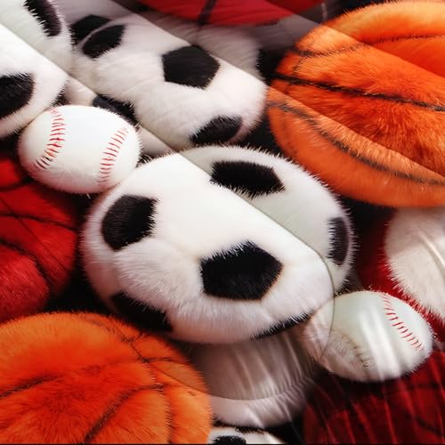 Image of Soccer and Basketball Comforter Set Queen Bed for Boy Bedroom,Sports Bedding Set Queen for Kids,with 1 Comforter with 2 Pillow Case,Sports Themed Bedroom Decor for Teen Boys