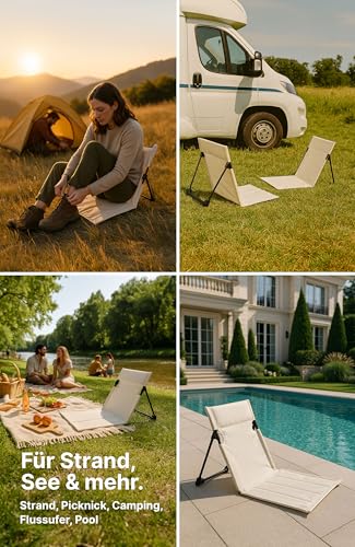 Menz Strandstuhl 2er Set – Strandmatte mit Rückenlehne, Bodenstuhl tragbar, Strandliege klappbar leicht, Strandmatte faltbar mit Tasche, für Camping Picknick, Beige