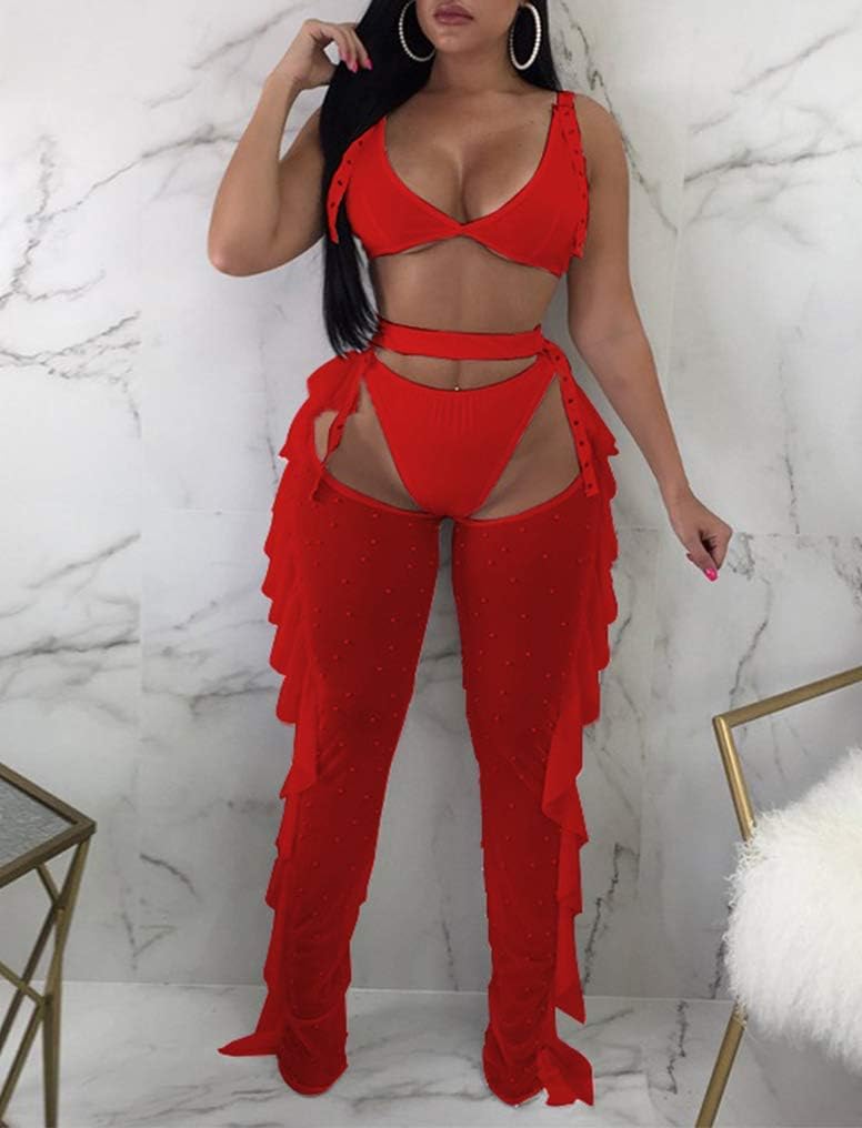 OLUOLIN Women Beading Pearl See Through Sheer Mesh 2 Pieces Outfits Jumpsuits Crop Top and Hollow Out Ruffle Long Pants - Image 2