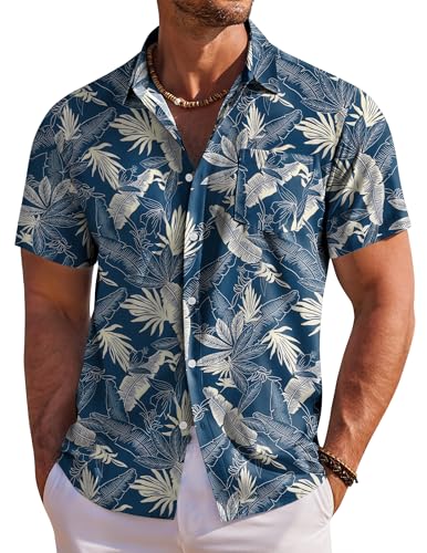 COOFANDY Men's Hawaiian Shirts Short Sleeve Summer Shirts for Men Tropical Holiday Beach Shirt with Front Pocket Blue Leaf L