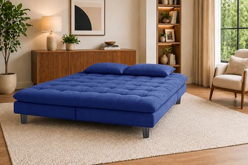 Image of 3-Seater Velvet Sofa Cum Bed, Tufted Convertible Sleeper Couch, Space-Saving Design, Comfortable Cushioned Seating - Blue