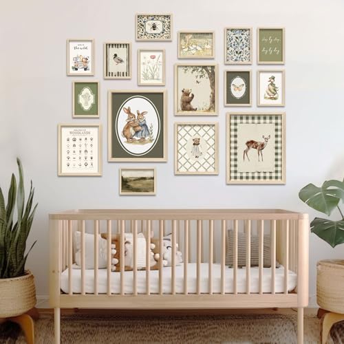 16 PCS Woodland Nursery Wall Art Decor, Vintage Baby Girl & Boy Nursery Decor, Kids Toddler Room Bedroom Playroom Decor, Sage Green Animals Eclectic Gallery Wall Prints, Bear Duck Goose Rabbit - Image 5