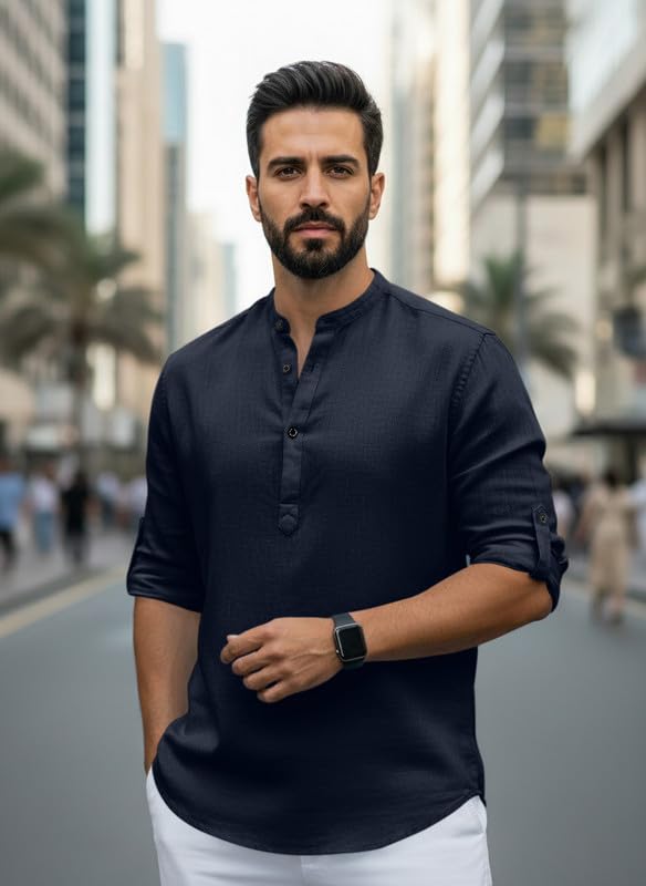 Image of Men Cotton Blend Mandarin Collar Casual Kurta Shirt | Roll-Up Sleeves | Regular Fit Ethnic Short Kurta for Daily