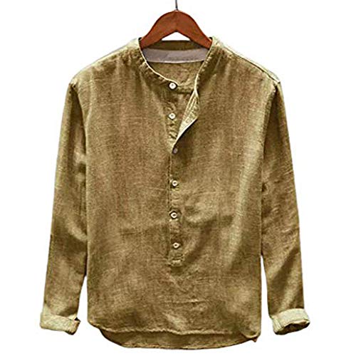 jiedream Men's Long Sleeve Blouse Henley Cotton Linen Shirt Beach Yoga Loose Fit Tops Tee Solid Color Blouse (L, Yellow)