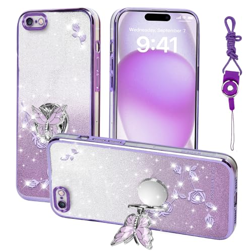 RTYQXK for Apple iPhone 6 Plus Phone Case,for iPhone 6S Plus Mobile Phone Case for Women and Girl, Glitter Butterfly Floral TPU Protective Cover with Kickstand+Strap for iPhone 6 Plus (Purple)