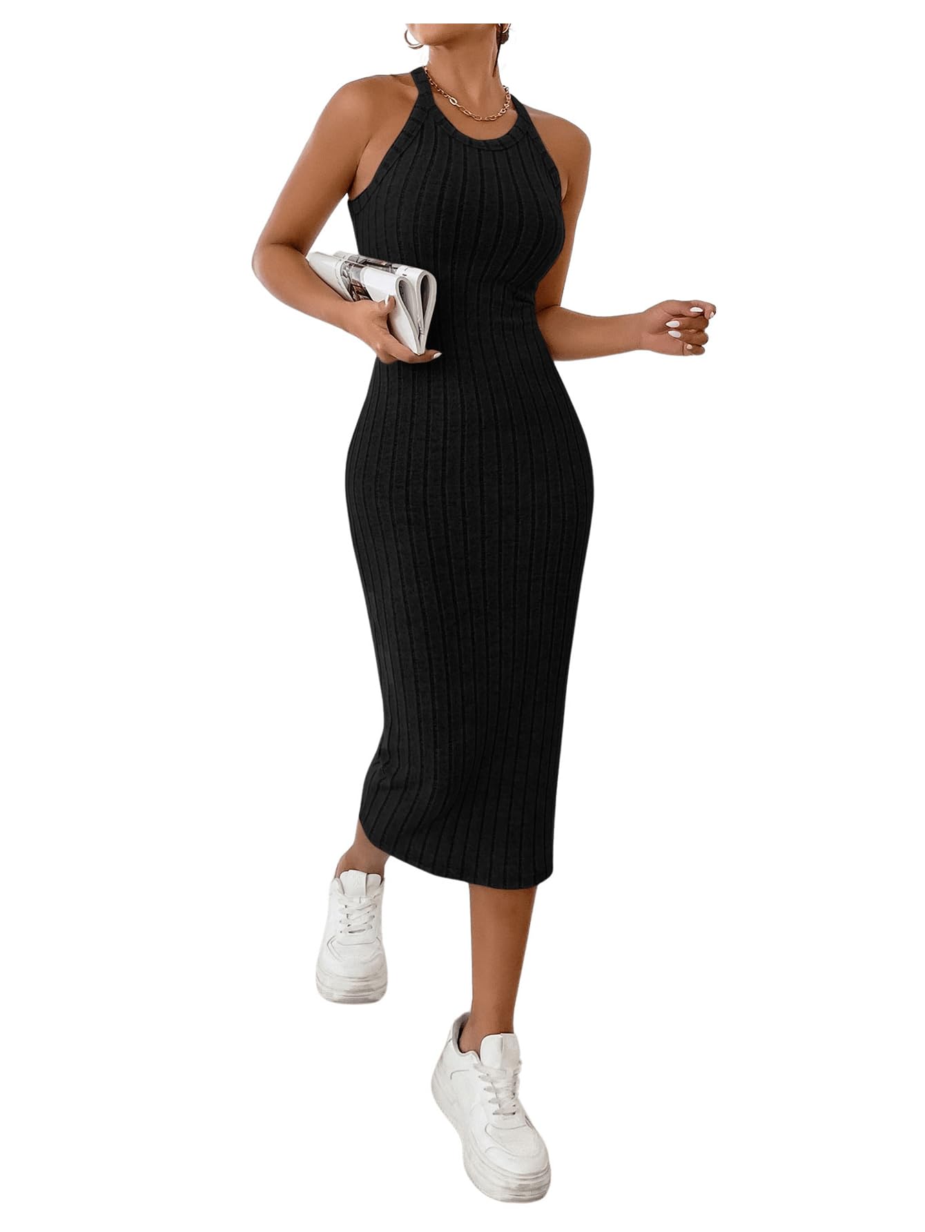 GORGLITTERWomen's Halter Neck Bodycon Midi Dress Sleeveless Knitted Going Out Cami Dresses