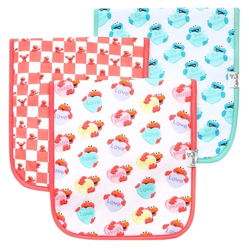 Image of Copper Pearl Premium Baby Burp Cloths - 3-Pack Large Cotton Burp Cloths, Extra Soft Spit Up Rags with 3 Absorbent Layers, Perfect for Baby Boy and Baby Girl Gifts (21 inch x 10 inch Size, Elmo Heart Candies)