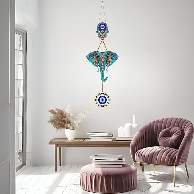 Image of Pack of 2 Owl Evil Eye Wall Hanging Decor, Colorful Wooden Nazar Protection Charm for Home, Entrance & Living Room, Vastu & Feng Shui Hanging (Multicolour) (Ganesha Mosaic & Elephant Hamsa)