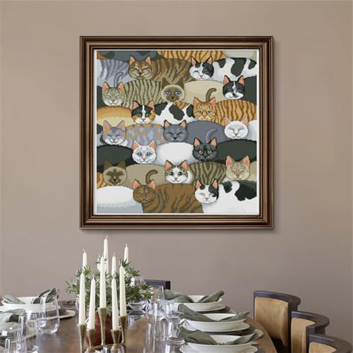 Image of JOYSEWING Stamped Cross Stitch Kits - A clowder of Cats | Counted Cross-Stitch Printed Patterns Embroidery Starter DIY Craft Kit Needlepoint for Beginner Home Decor - Cats (11CT) 23.23 x22.83 inches