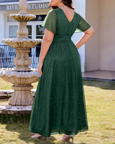 Image of Talisea Plus Size Formal Dresses - V Neck Flutter Sleeve Glitter Prom Evening Gowns Wedding Guest Chiffon Long Maxi Dress