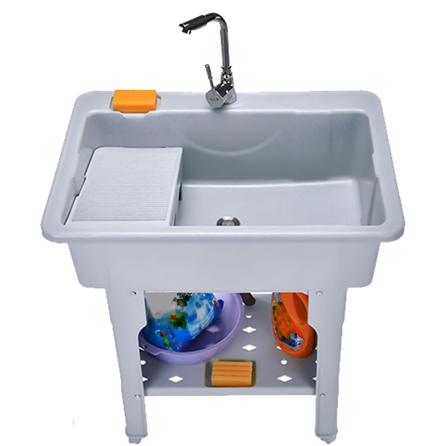 Fregadero Independiente para Lavandería, Lavabo De Plástico PP con Estante De Almacenamiento Inferior Y Pies Ajustables, Lavabo Interior Y Exterior para Lavar Ropa a Mano
