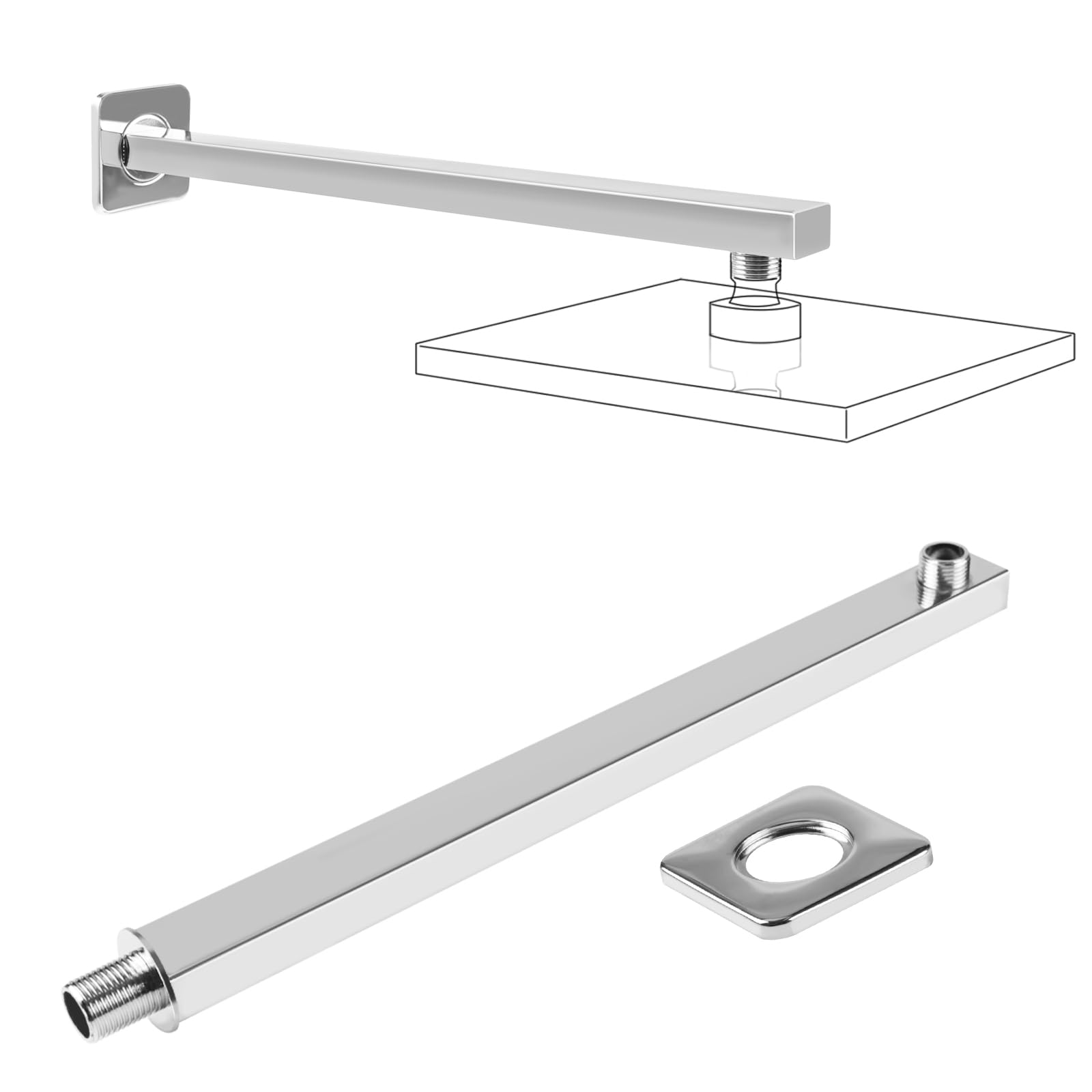 Bras de douche 40 cm carré en inox pour éloigner le pommeau du mur et éviter le calcaire