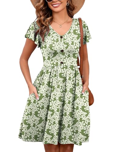 Image of Heymoments Women's Ruffle Sleeve V Neck Swing Sundress Summer Casual A-Line Midi Dress with Pockets S-2XL