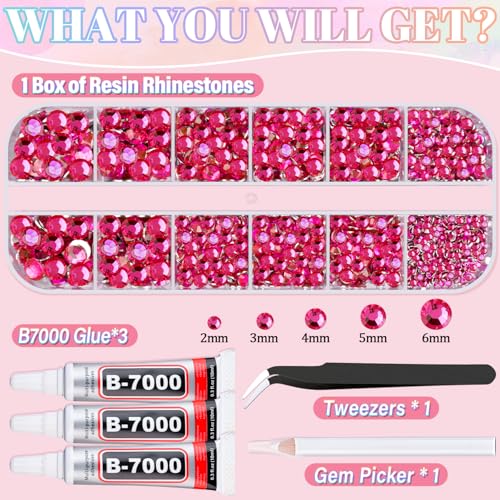 Image of Resin Rhinestones for Crafting with 3Pcs 10ml B7000 Jewelry Glue, 1 Box Hot Pink Flatback Gems Crystals Diamond for Bedazzling Crafts DIY Nail Art Makeup, Gems for Clothing Tumblers Shoes