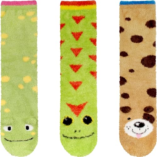 Image of BambooMN Super Soft Warm Cute Animal Face Non-Slip Fuzzy Crew Winter Home Socks, Value Pack