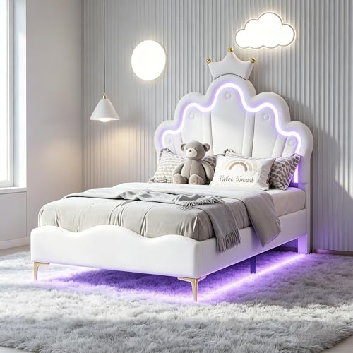 Julyue Cama infantil blanca con luces LED RGB, cabecero en forma de nube con corona, cama acolchada de 90 x 190 cm, piel sintética blanca, altura ajustable y espacio bajo cama