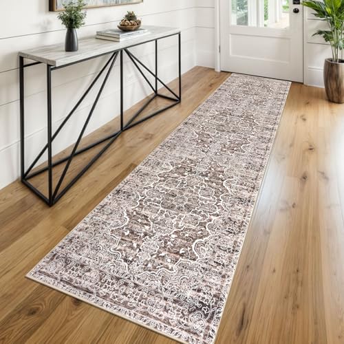KUTA Vintage Washable Runner Rug, 2x8 Brown Runners for Hallways Non-Slip Kitchen Rugs Ultra Soft Printed Distressed Floral Medallion Carpet for Bedroom Living Room Nursery Playroom