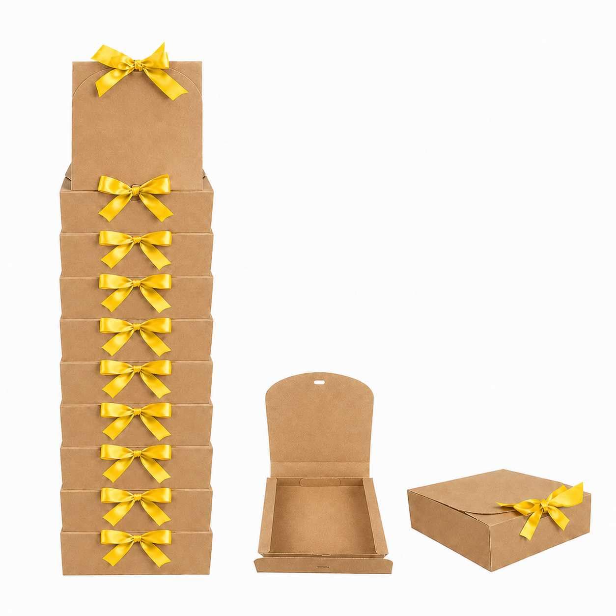 Emartbuy Brown Kraft Gift Box with Yellow Ribbon – 16.5 x 16.5 x 5 cm – Fits Jewellery, Soap Bars & Small Candles – Birthdays Weddings Christmas Corporate Gifting Trade Wholesale – Pack of 12