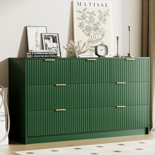 Image of Furniway Green Dresser for Bedroom, Modern Dresser with 7 Drawers and Smooth Slides, Wide Chest of Drawers with Golden Handles for Bedroom, Living Room, Closet, 15.7 inch D x 55.1 inch W x 31.4 inch H