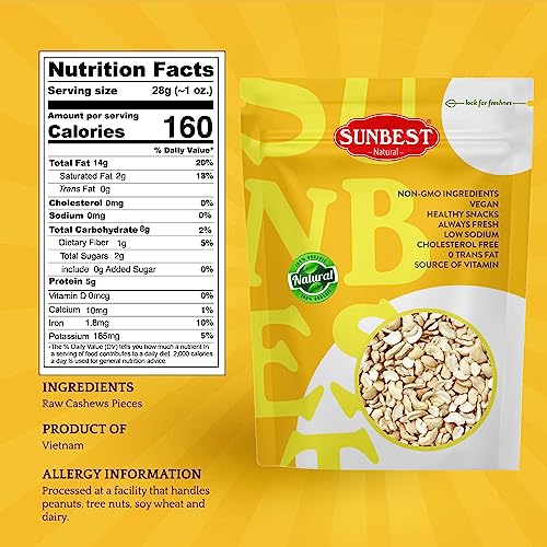 Sunbest Natural - Raw Cashew Pieces, 5 Lbs - Conveniently Versatile Nuts | Unroasted & Unsalted For Natural Goodness | Keto #TOP1