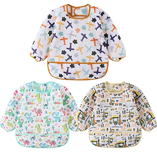 Image of HaimoBurg 3 Pcs Waterproof Long Sleeves Baby Bibs Weaning Smock Bib 3-24 Months