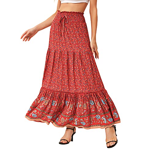 Durio Boho Skirts for Women High Waisted Maxi Skirts for Women Long Floral Skirt for Summer Red S2