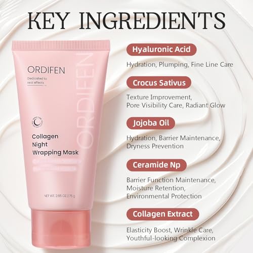 Collagen Night Wrapping Mask for Glowing Skin, Collagen Overnight Wrapping Peel Off Facial Mask for Elasticity Hydration, Reduce Sagging Dullness, 2.65 fl.oz, Pink(Brush Included)