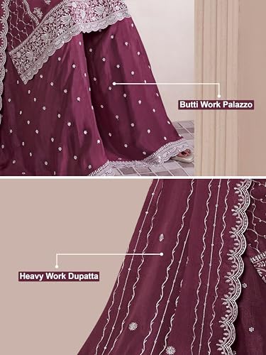 Image of TRENDMALLS Women's Art Silk Heavy Embroidery Work Kurta Palazzo with Dupatta Salwar Suit Set For Women