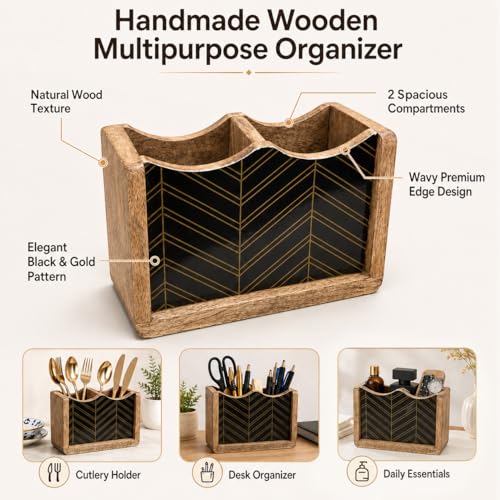 Image of The Earth Store Wooden Chevrona Cutlery Holder 2 Division | 6 Inch Black & Brown Cutlery Organizer | Spoon & Utensil Holder for Kitchen Counter, Dining Table & Table Top Use