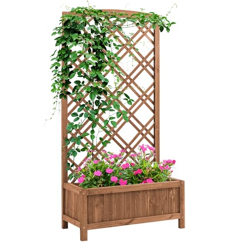 Outsunny Hochbeet Pflanzkasten Garten Blumenständer mit Rankgitter Blumenkasten Holz Rankkasten 60 x 30 x 122,5 cm Gelb