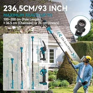 Yofidra 4 en 1 elagueuse batterie & Élagueuse sur perche sans fil - Sécateur sans balais 25 mm, mini-tronçonneuse 6", perche télescopique de 200 cm, angle réglable à 180°, 2 batteries 3,0 Ah