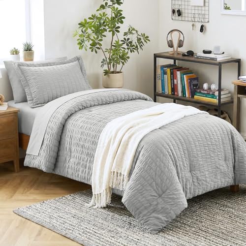 Image of CozyLux Twin XL Comforter Set Light Grey, 5 Pieces Seersucker Twin Extra Long Bed in a Bag, College Dorm Soft Down Alternative Bedding Sets with Comforter, Sheets, Pillowcase & Sham, Back to School