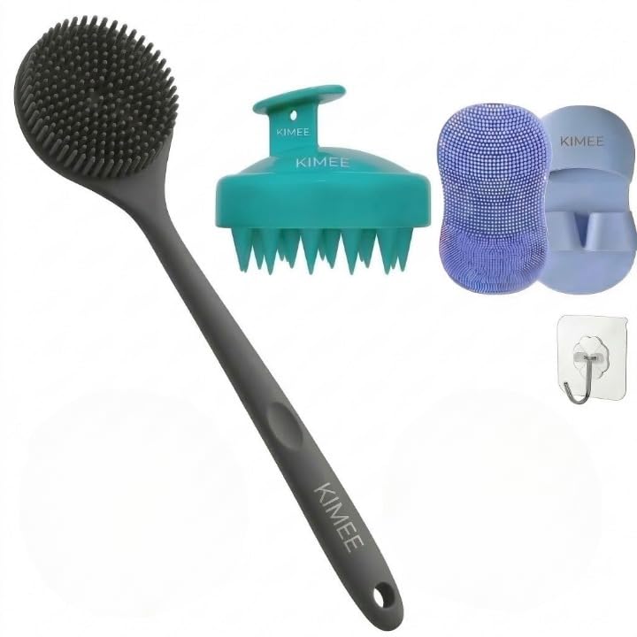 Image of KIMEE 3PCS Bath Brush Set - Long Handle Body Scrubber, Silicone Face Cleansing Brush & Shampoo Scalp Massager, Exfoliating Back Brush for Deep Cleaning Shower, Spa Skin Care Tools for Men & Women