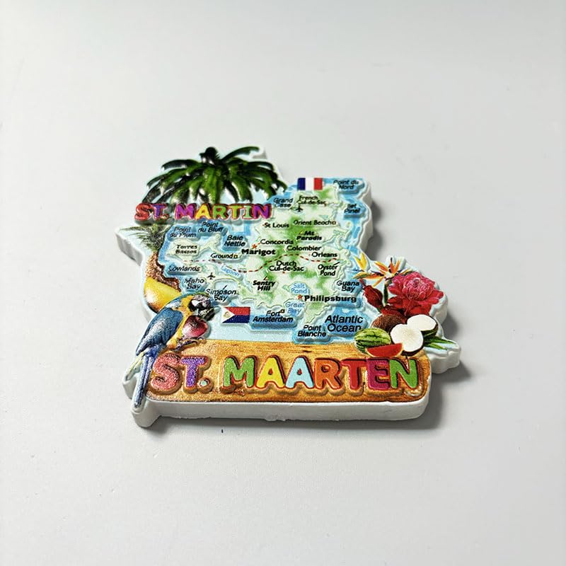 Imán decorativo souvenir isla St. Maarten con mapa tropical miniatura 1